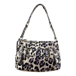 B. Makowsky Shiny Leopard Print Genuine Leather Satchel Handbag Purse